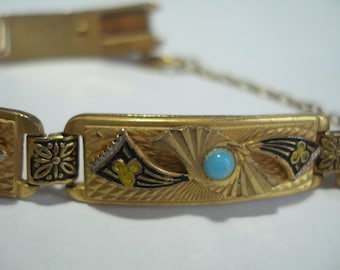 Vintage Bracelet Turquoise Glass and Damascene 1950's 1960's