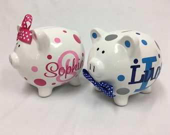 Piggy Bank: Personalized ceramic Piggy Bank - monogram, name, polka dots, flowers or stars, baby shower gift, children, ring bearer gift