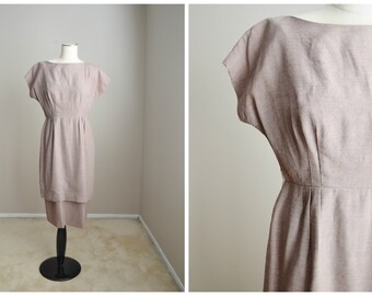 Vintage 50s Brown Tan Peplum Tiered Day Lunch Wiggle Dress // womens medium large // 40-30-41