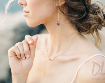 Ear Threader Earrings - Raw Purple Amethyst Earrings - February Birthstone Earrings - Gold Ear Thread Long Earrings - Minimal Jewelry