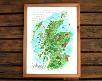 Map of Scotland, Scotland Map Illustration, Map Art, Giclee print, A3, Art Print, Bonny Scotland, Robert Burns