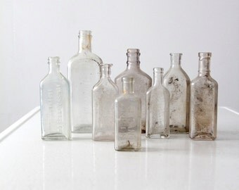 antique apothecary bottles, glass bottle collection 8 pc