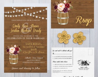 Wine Barrel Wedding Invitations | Rustic Wood Plank Invite Set | String Light Wedding Invitation | Boho Wedding Invites | Cranberry Wedding