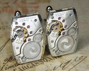STEAMPUNK Cuff Links Cufflinks - Torch SOLDERED - Vintage Mid 40s ELGIN Watch Movement w Bright Silver Finish - Birthday Anniversary Gift