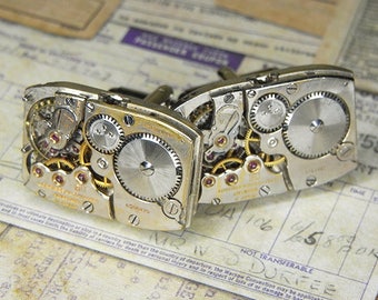 STEAMPUNK Cuff Links Cufflinks - Torch SOLDERED - Vintage Rectangular LONGINES Watch Movements w Patina - Wedding Birthday Gift - Bold Set