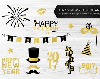 New Year Clip Art -- Black & Gold, Gold Foil, Happy New Year, 2017, Masquerade, New Year's Eve, Scrapbook, Commercial Use, Instant Download