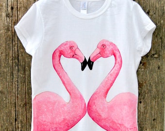 Flamingo shirt woman handpainted top tee Unique Tshirt art