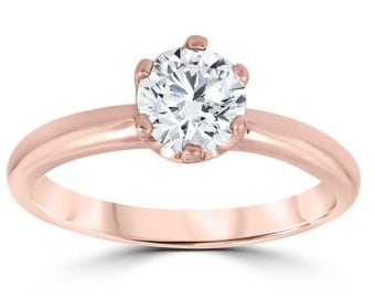 Rose Gold Diamond Engagement Ring 1 Carat Solitaire 6-Prong Ring 14k