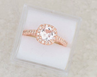 6mm Cushion Pink Champagne Sapphire Rose Gold Diamond Halo Engagement Ring