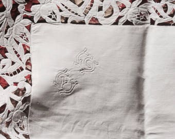 Antique French white linen pillowcase with cutwork edge