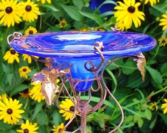 RETIREMENT GIFT, Blue BUTTERFLY Feeder, stained glass, suncatcher, garden stake, copper garden art