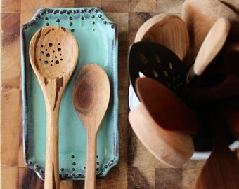Large Spoon Rest - Jewelry Tray - Soap Dish - Rustic Handmade Pottery - Aqua Mist French Country Dinnerware - MADE TO ORDER
