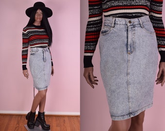 80s High Waisted Acid Wash Denim Skirt/ 27 Waist/ 1980s