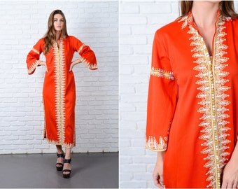 Vintage 70s Red Maxi Dress Ethnic Embroidered White long Sleeve Mod Large L 9048