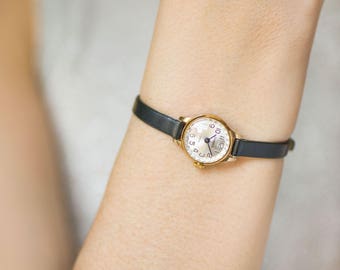 Small woman watch vintage, micro watch gold plated, unique watch Seagull, classic lady's watch, petite watch gift, new premium leather strap