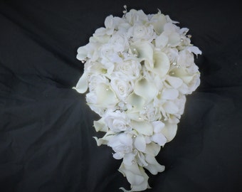 Ivory cascading bouquet with REAL TOUCH calla and REAL touch roses, velvety orchids, rhinestones brooch, artificial, bride