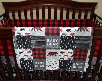 Baby Boy Crib Bedding - Baby Bear, Black Arrows, Red Black Buffalo Check, Black, and Gray Crib Bedding Ensemble