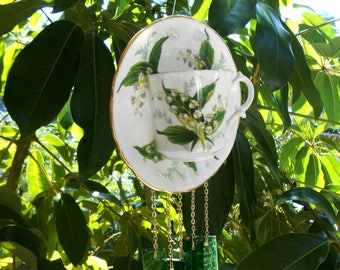 Lily of the Valley Vintage Bone China Tea Cup Stained Glass Wind Chime, Teacup Windchime, Glass Yard Art, Garden Decor, Unique Gift for Her