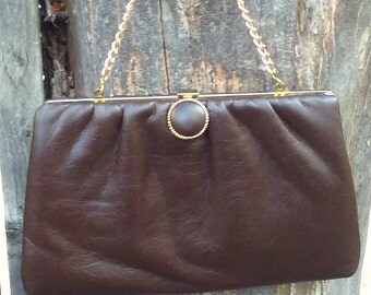 Vintage 1960s 60s Brown Purse Vinyl Evening Bag Boho Mod Jackie O