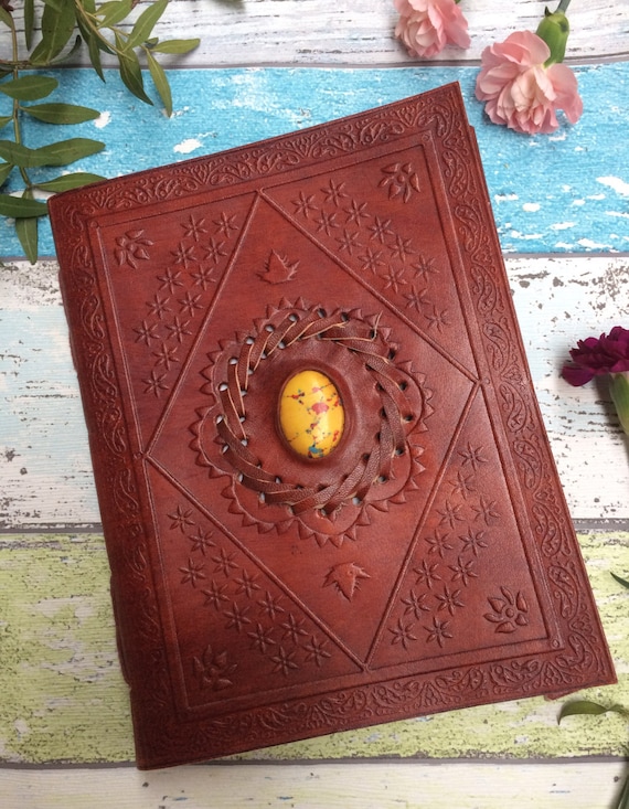 LEATHER CRYSTAL JOURNAL- M - Medium Embossed Journal- Leather Notebook- Diary - Crystal Journal- Scrapbook- Handmade Diary- Travel log