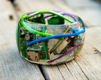 Computer Parts Intel AMD NVIDIA Bangle Bracelet Resin. Clear Resin. PC Recycle. SteamPunk Jewelry. Eccentric Machine Art. Wire Plates.