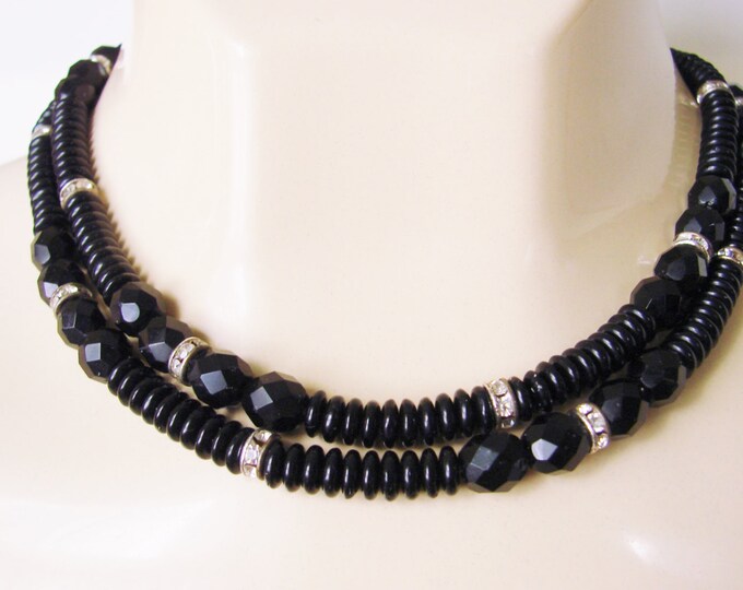 Vintage Black Faceted Glass Bead Rhinestone Necklace / Jewelry / 30 Inces Long / Jewelry / Jewellery