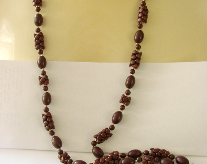 Vintage Retro Flapper Length Brown Lucite Bead Necklace Jewelry Jewellery