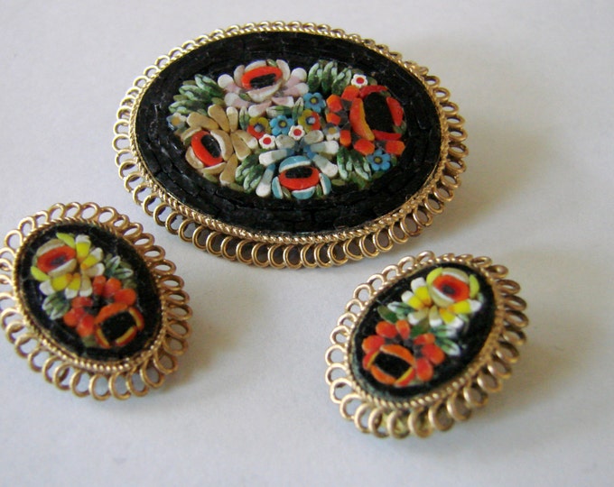 Antique Floral Micro Mosaic Demi Parure Brooch Earrings Vintage Jewelry Jewellery