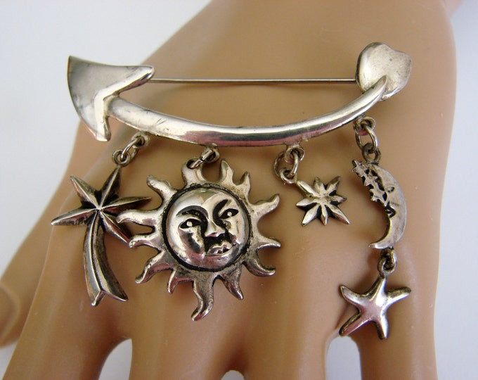 Vintage Dari Designer Signed Silver Pendant Brooch Southwestern Motifs Sun Moon Star Arrow Charms Jewelry