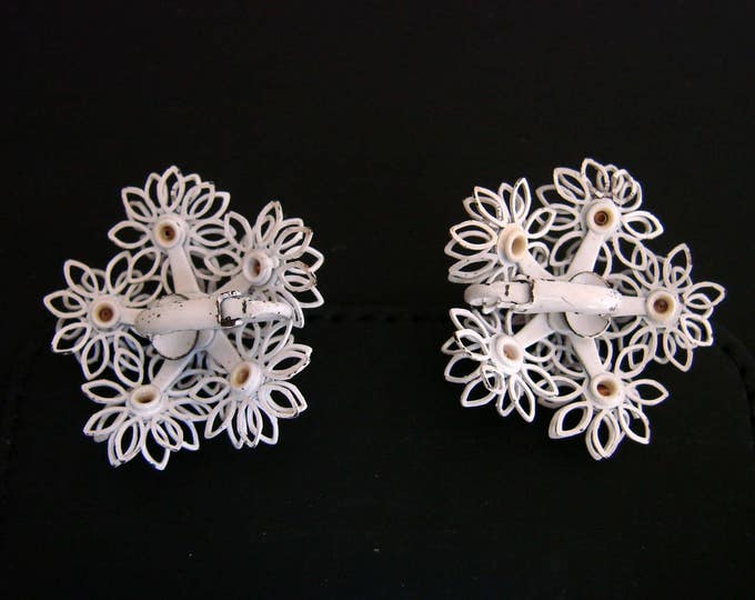 Vintage White Enamel Pastel Rhinestone Floral Wire Clip Earrings Mid Century Jewelry Jewellery