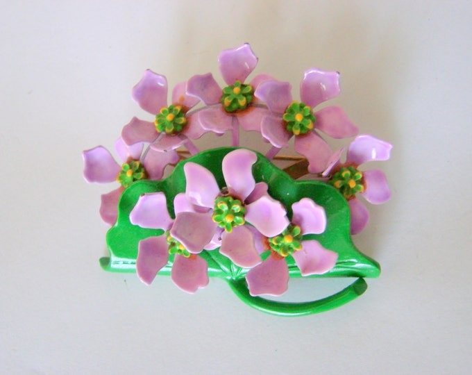 Vintage Violet Flower Cart Enamel Metal Brooch / Lavender / Green / Lilac / Floral Bouquet / Jewelry / Jewellery
