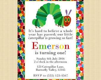The Very Hungry Caterpillar birthday invitation card, Hungry Caterpillar invite - Digital or printed