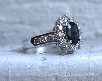 Lovely Vintage 18K White Gold Diamond and Sapphire Halo Ring - 1.90ct.