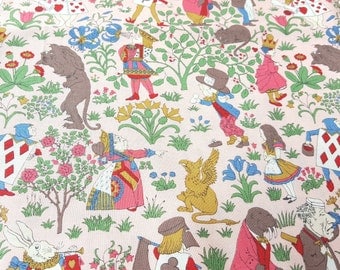 Alice in Wonderland fabric in pink, printed by YUWA, Alice, white rabbit, Queen of Hearts, Mad Hatter, Cheshire Cat, children book, tales