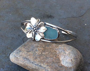 Sea glass jewelry, Hand formed fine silver flower and bezel set blue sea glass cuff bracelet