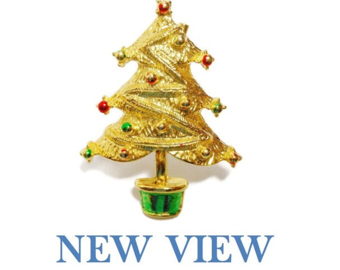 FREE SHIPPING New View Christmas Tree Brooch, green and red enamel over gold tone, enamel ornaments