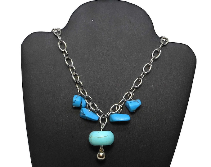 FREE SHIPPING Turquoise necklace, faux turquoise drop, blue nuggets, silver chain