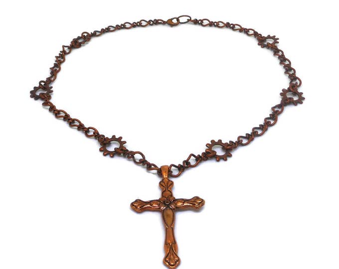 Copper cross pendant, antiqued cross with flower design, antiqued fancy copper chain and findings, religious gift, simple elegance