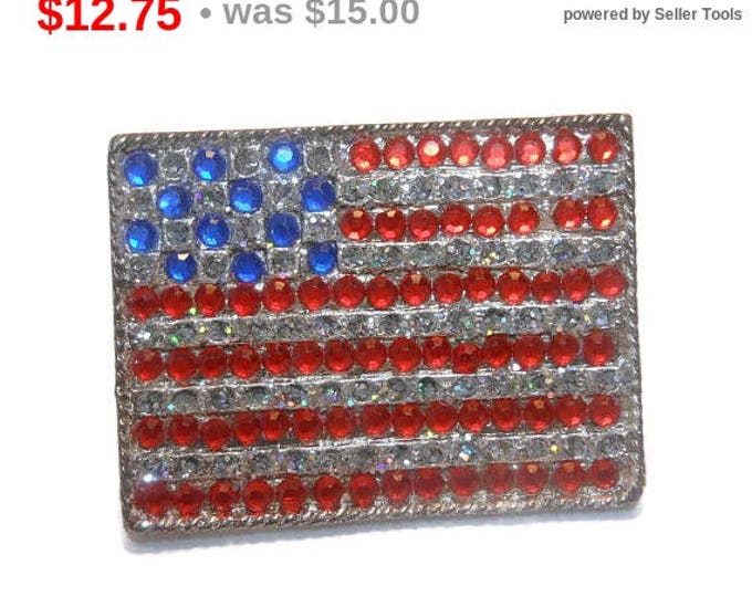 SALE American flag brooch, U.S.A. rhinestone crystal flag pin, large silver plated, United States of America, patriotic flag, 4th of July