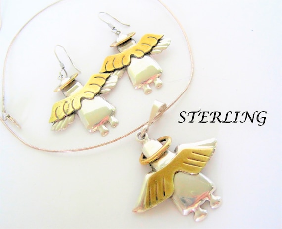 Sterling Angel Pendant Chain Earrings - Brass Wings - 925 Mexico Signed - 16 Inch Liquid Silver Chain