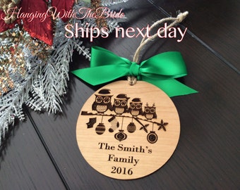 Personalized Family Ornament, Christmas Gift, Custom name ornament, Engraved family ornament, Owl family ornament, Engraved custom ornament