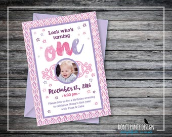 Printable Star Birthday Invitation - One Year Old Birthday - Purple Pink Girls Invitation - Fun Kid's Birthday - Custom Colors