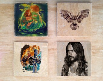 CUSTOM Stone Coasters - Set of 4, 6, 8, 10 or more (Choose your own) - unique fun random cartoons comics movies tv games pictures personal