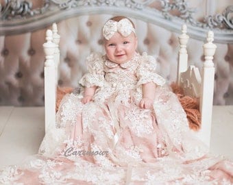 Christening Gown, Baptism dress, Girls Christening Gown set with pink underlay