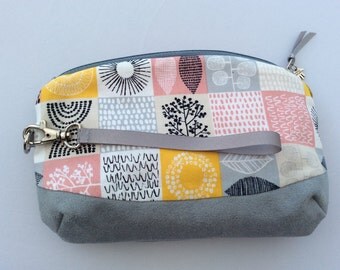 Pink, lemon and grey printed cosmetic bag
