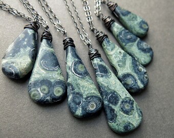 Raw Stone Necklace - Long Boho Necklace - Kambaba Jasper Necklace - Green Jasper Pendant - Raw Stone Jewelry - Boho Layering Necklace