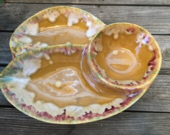 1970's dipped glaze California Pottery yellow chip and dip tray