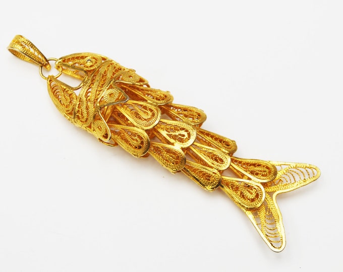 Gold Articulate Fish Pendant - gold filigree - large necklace pendant