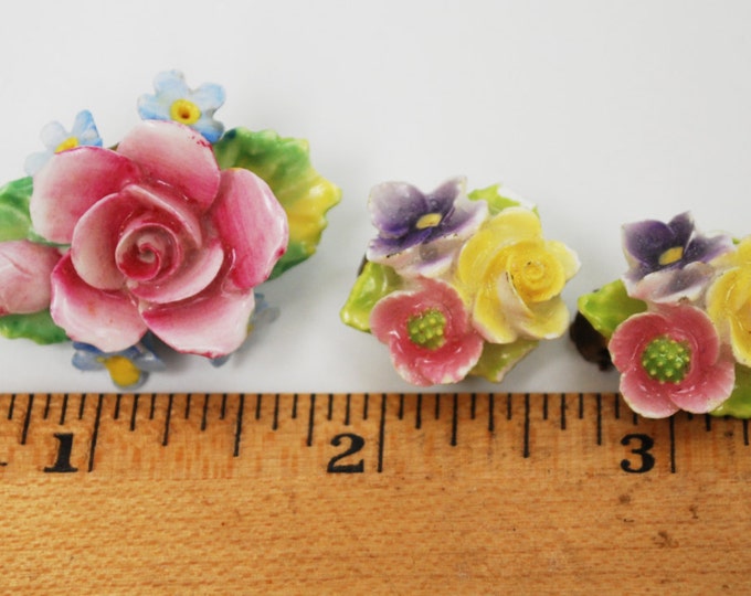 Artone Flower Brooch earring set - Bone China -Pink Blue ceramic -Made in England - Floral pin =Clip on earrings