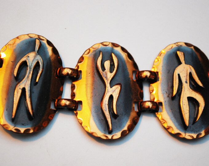 Copper Panel link Bracelet - Dancer figures - unsigned Rebajes - Mid Century Modernistic -Bangle